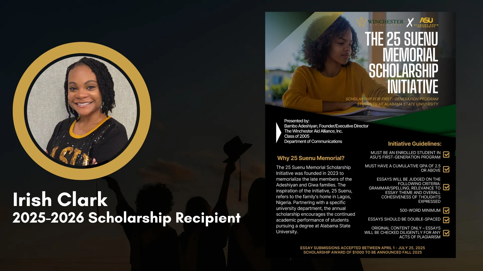 Irish Clark named the 2025 to 2026 recipient of the 25 Suenu Memorial Scholarship Initiative, the Winchester Aid Alliance scholarship for first-generation students at Alabama State University.